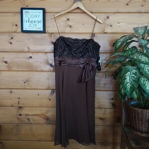 Donna Morgan NWT 100% Silk Fit Flare Dress Fudge Black Lace‎ Bow 51913 Y2K Sz 14